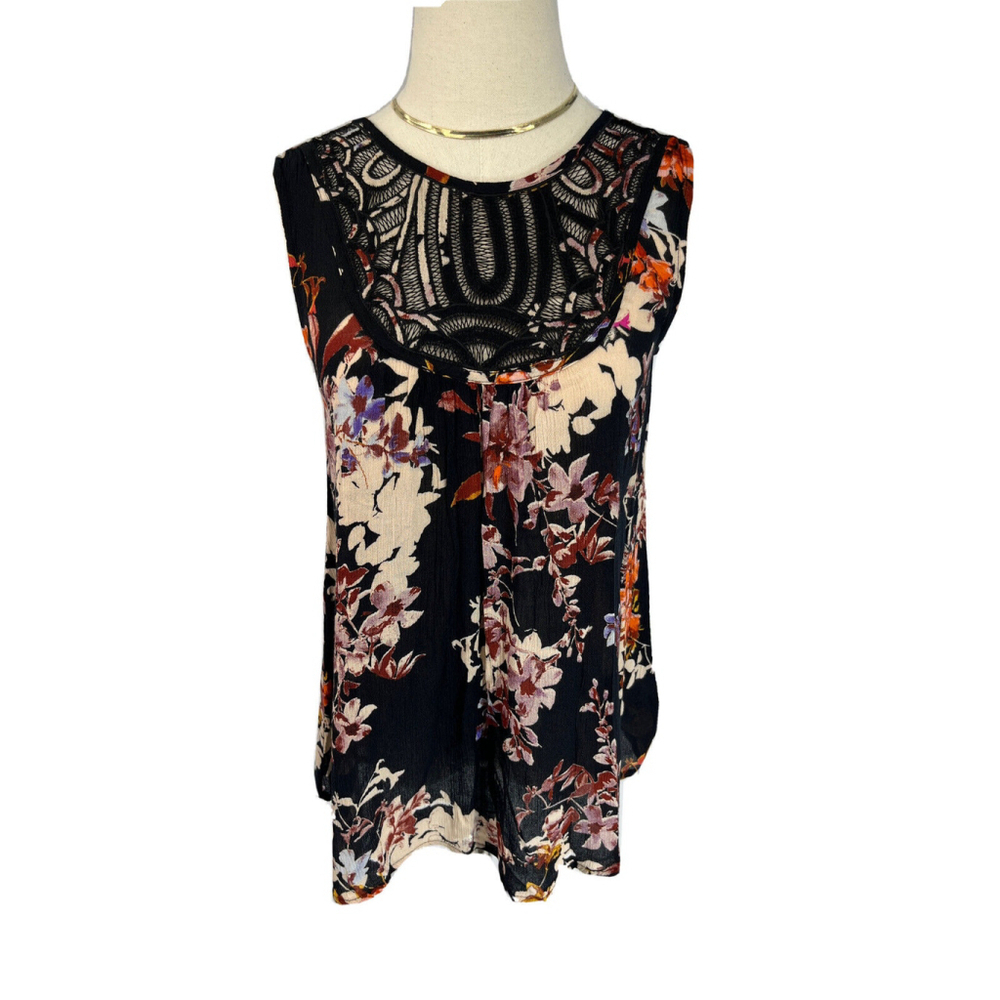 Sundance Black Floral Sleeveless Top Size XS Lush‎ Gardens Flowy Knit Bib